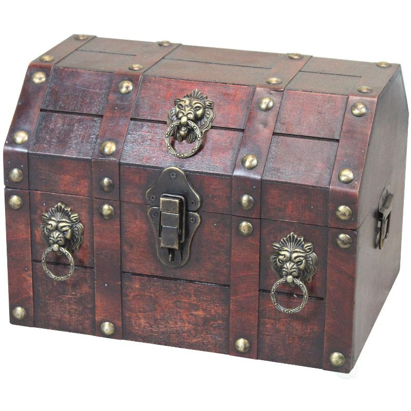 Quickway Imports Antique Wooden Pirate Treasure Chest with Lion Rings and Lockable Latch