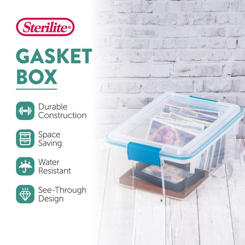Sterilite 12 Qt Gasket Box, Stackable Storage Bin with Latching Lid and Tight Seal Plastic Container to Organize Basement, Clear Base and Lid, 12-Pack