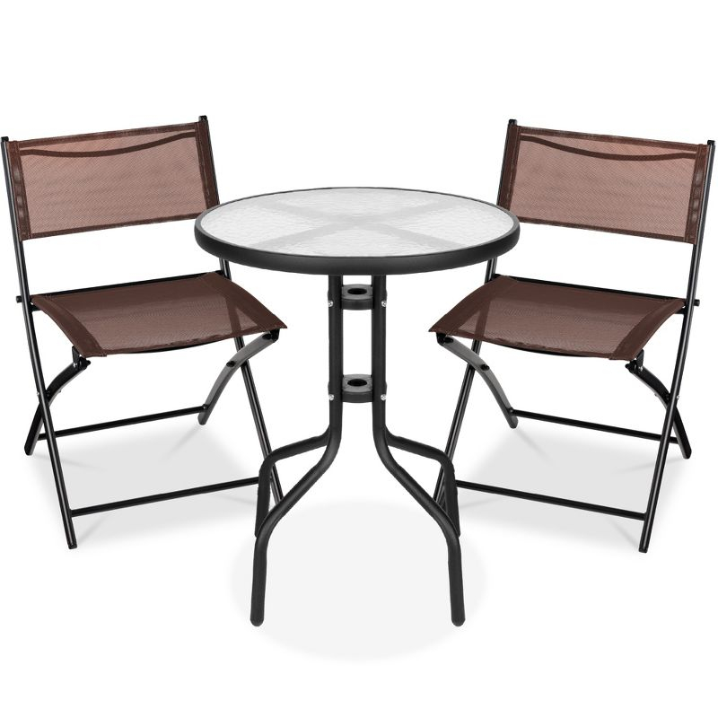 George Oliver 3-Piece Patio Bistro Dining Furniture Set W/ Glass Tabletop, Folding Chairs