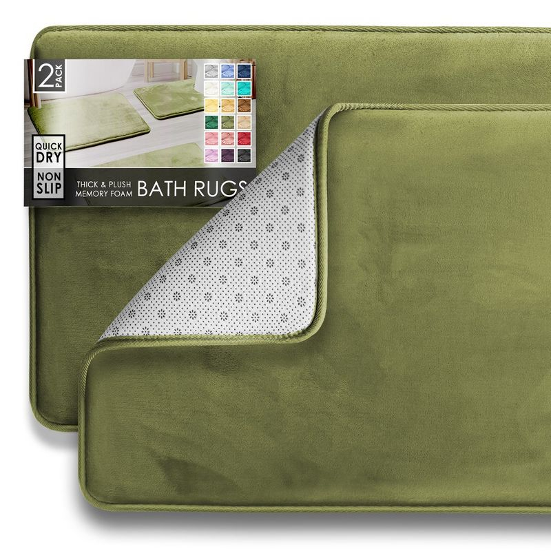 Hearth & Harbor 2 Piece Bathroom Rugs Bath Mat Set, Non-Slip Velvet Memory Foam Bath Mats, Sage Green