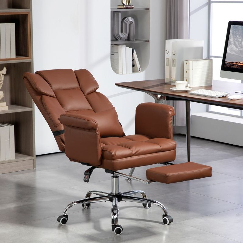 HOMCOM Executive Office Chair with Footrest and Lumbar Support, PU Leather Office Desk Chair, Ergonomic, Reclining and Swivel Chair, Brown