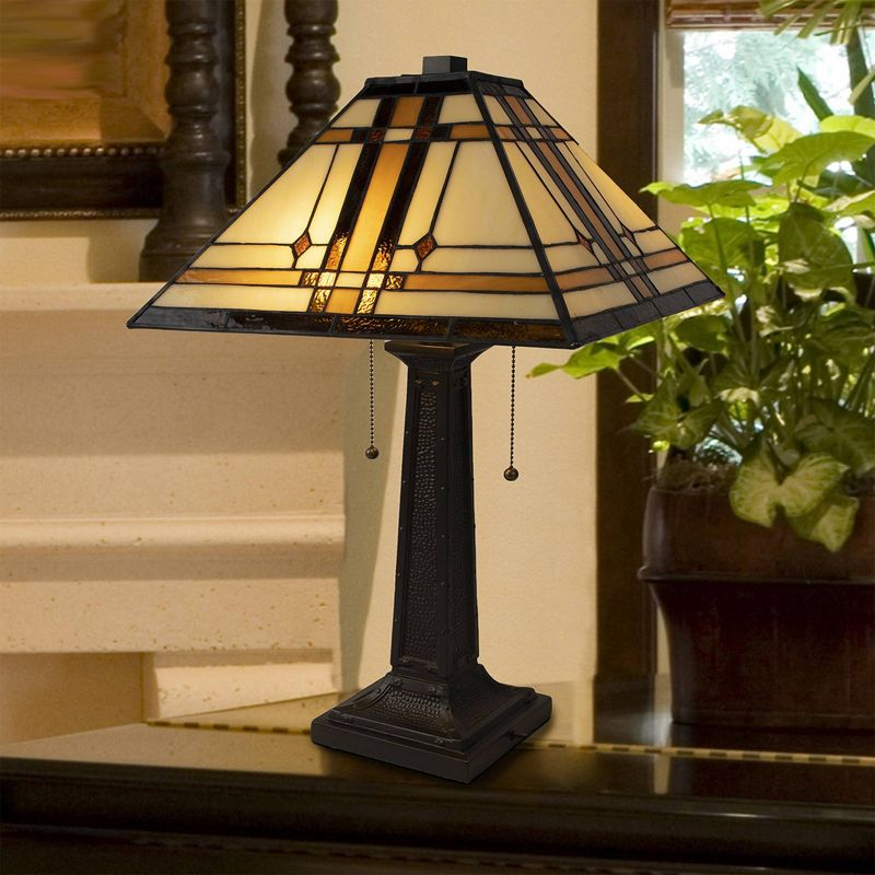 Tiffany Style Table Lamp-Mission Design Art Glass (Includes LED Light Bulb) Black: Stained Glass Desk Task Lamp, Metal Base, Inline Switch