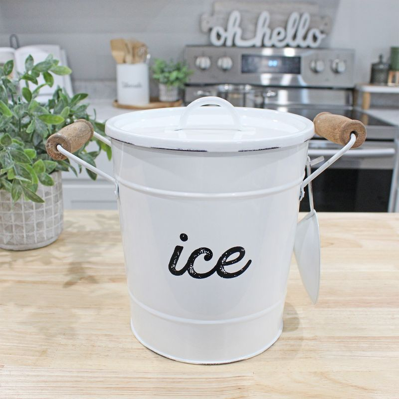 AuldHome Design White Farmhouse Enamelware Ice Bucket; Rustic Style Insulated Ice Server
