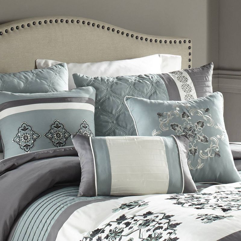 Riverbrook Home 7pc King Alex Comforter Set Blue & Gray : Polyester Medallion Pattern, Pleated & Quilted Design, Machine Washable