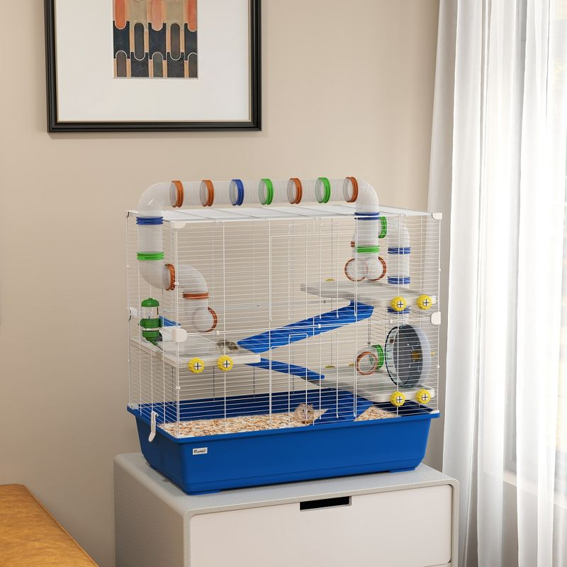 PawHut Hamster Cage, 4 Tier Small Animal Cage Rat Cage with Tunnel Tube System, Hut, Exercise Wheel, Water Bottle, Food Dish, for Syrian, Gerbil, Blue