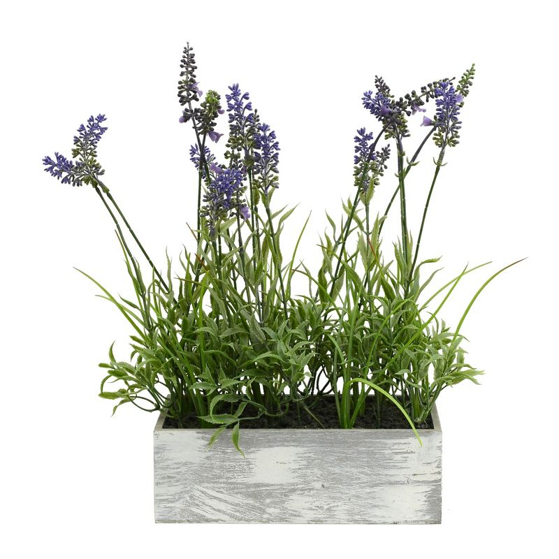 Vickerman 15" Artificial Lavender Plant in Wood Rectangle Pot.