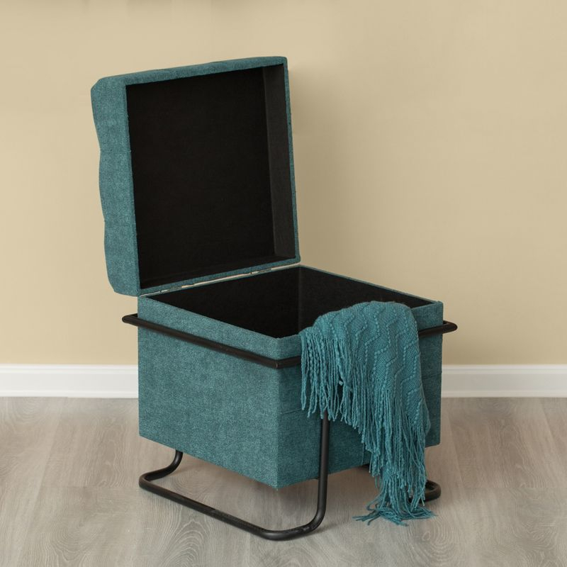 Fabulaxe Square Fabric Storage Ottoman with Black Metal Frame, Blue