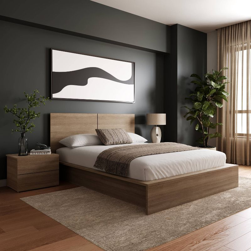 Nexera Queen 4pc James Bedroom Set Brown Oak: Modern Furniture with 2 Nightstands, Platform Bed