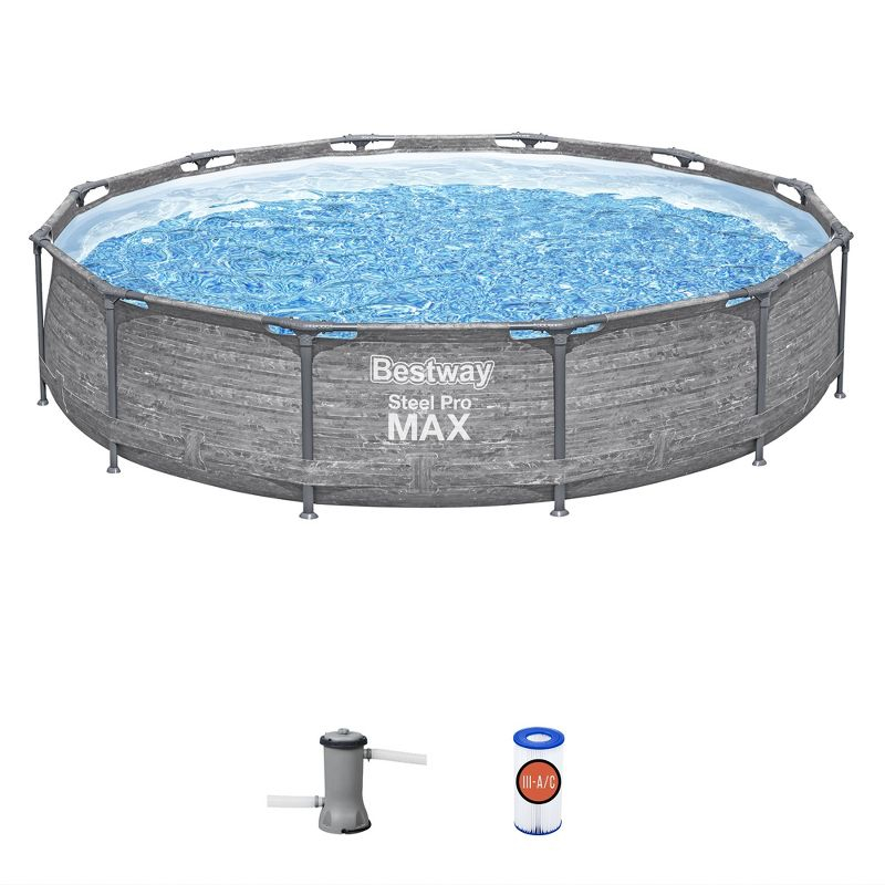 Bestway Steel Pro MAX 12' x 30" Round Above Ground Swimming Pool Set Outdoor Metal Frame Family Pool with Liner and Filter Pump, Gray