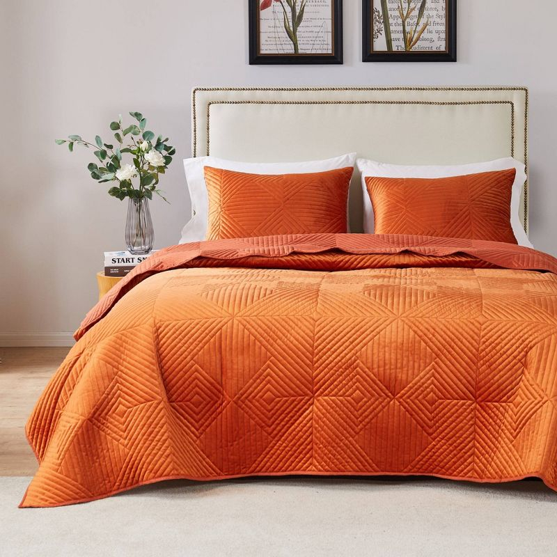 Greenland Home Fashions 3pc King Riviera Velvet Quilt & Sham Set Spice Orange: Microfiber, Zipper Closure, Year-Round