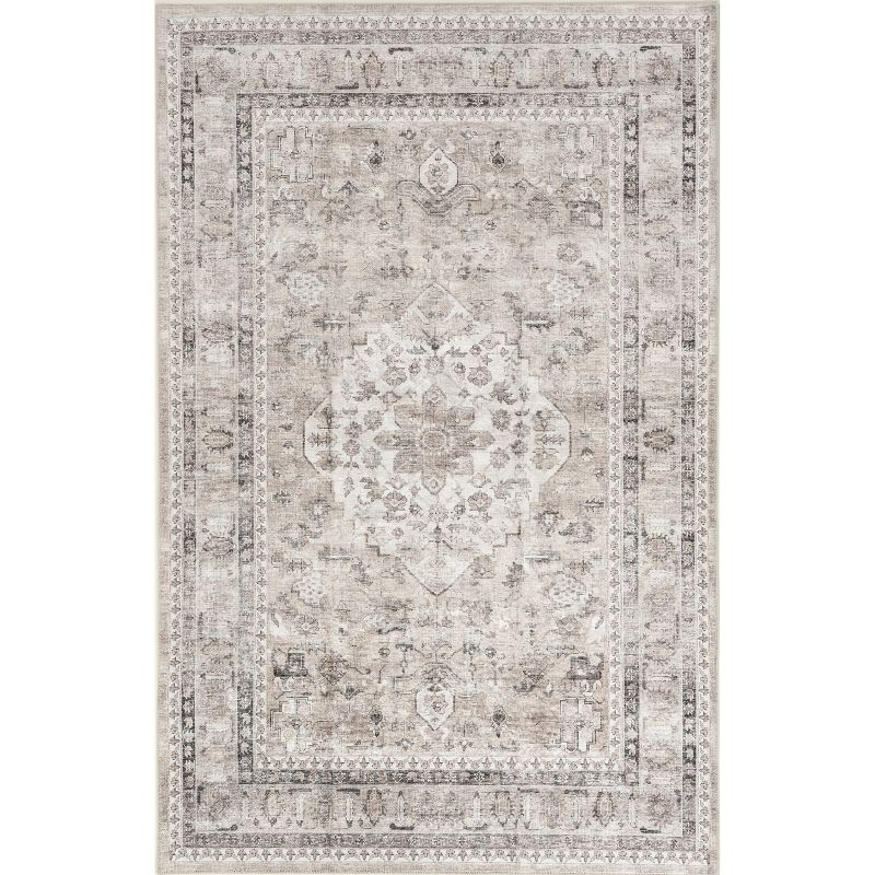 Nuloom Davi Medallion 5x8 Spill Proof Machine Washable Indoor Area Rug for Living Room Bedroom Dining Room Kitchen, Stone/Ivory