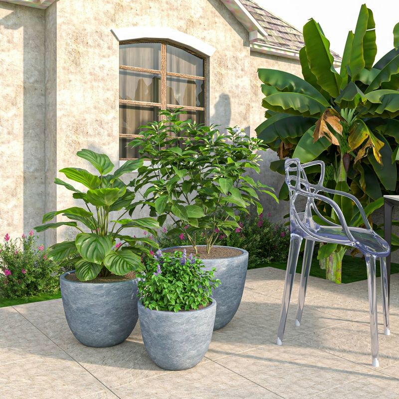 LeisureMod Dahlia Tapered Round Poly Stone Planter Set with Drainage – Weather-Resistant Planters for Indoor and Outdoor Patio Herb Garden, Set of 3