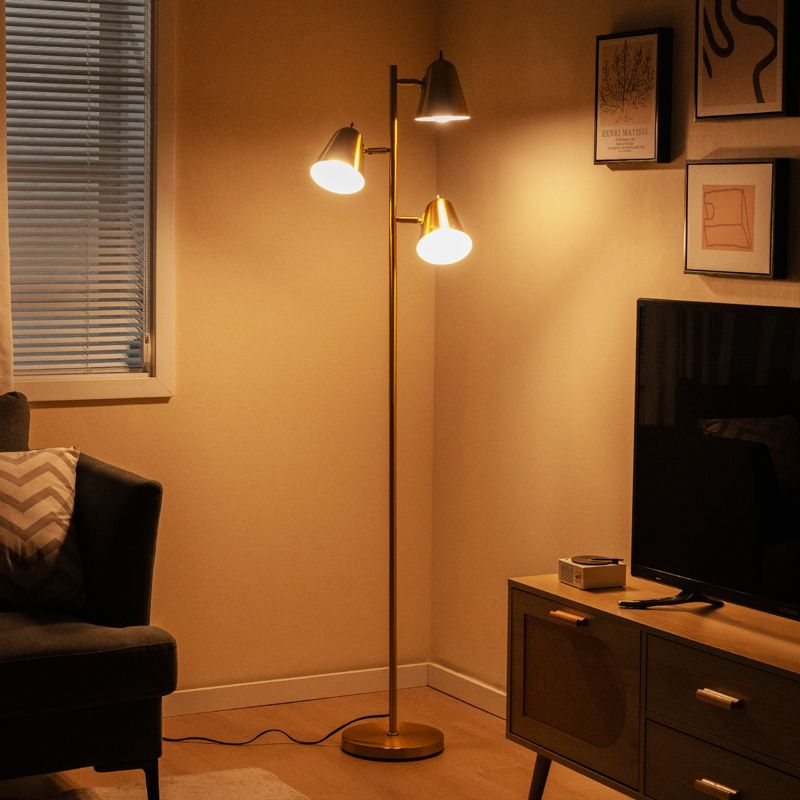 Tangkula 64" Mid Century Modern Floor Lamp 3 Light Tree, Standing Tall Pole Lamp w/ 3 LED Bulbs & Adjustable Heads (Antique Brass)
