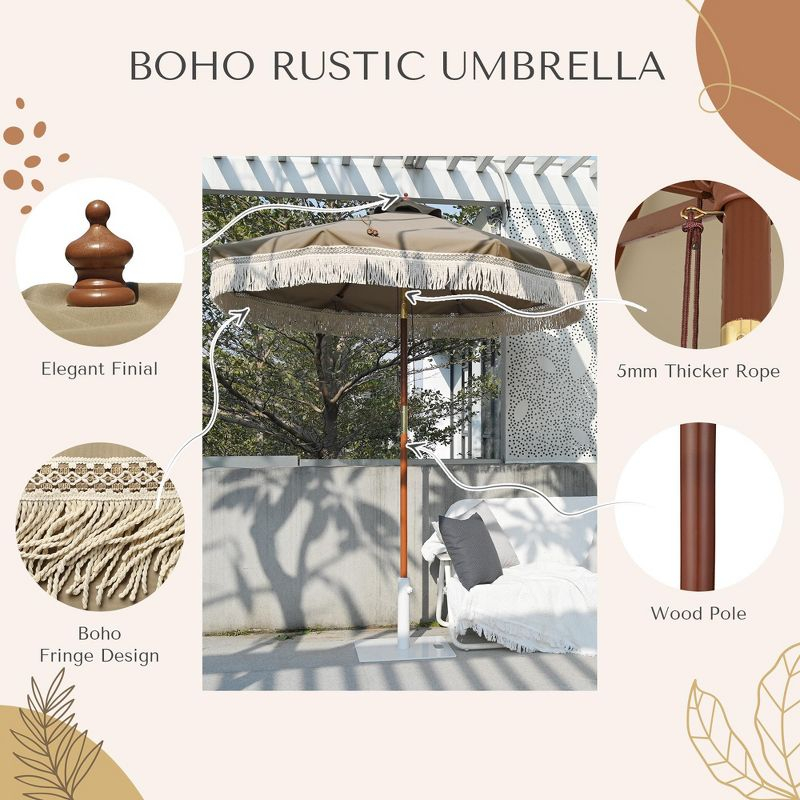 LAGarden BOHO 9' Fringe Patio Umbrella with Tassels UPF50+ Boho Style 5-Year-Non-Fading for Outdoor Yard Market Mocha Meander brown
