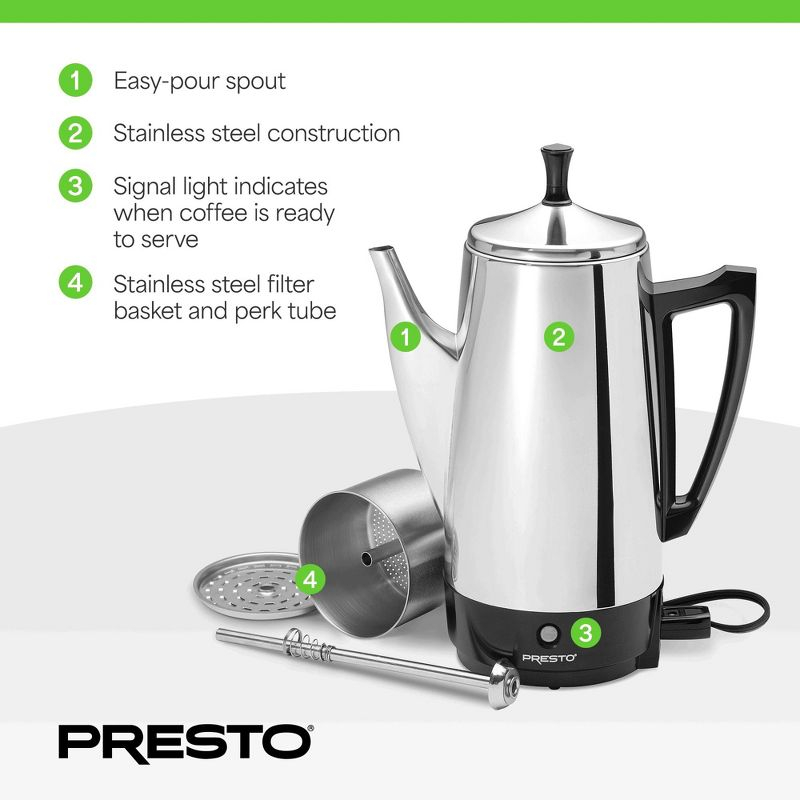 Presto Stainless Steel Coffee Maker, 12 Cup Robust Percolator Coffee Machine for Kitchens with Filter Basket and Signal Light, Silver