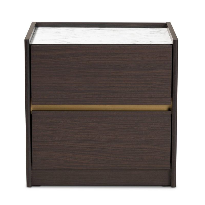 Walker Wood Nightstand: Faux Marble Top, Gold Accents, 2 Drawers - Baxton Studio