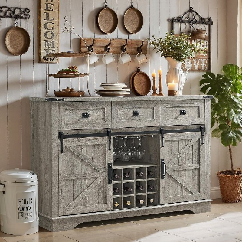 SinCiDo 54" Wine Bar Cabinet w/Sliding Barn Door, Kitchen Coffee Bar Cabinet w/Wine & Glass Rack, 3 Drawers, Large Buffet Sideboard, Light Rustic Oak