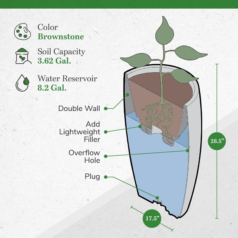 Algreen Products 87313 Athena 28.5" Self Watering Level Indicator Indoor Outdoor Plastic Planter with Overflow Drain, Brown