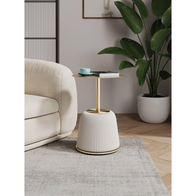 Manhattan Comfort Anderson Modern Leatherette Upholstered End Table with Gold Tabletop Cream: Round, No Assembly, Stainless Steel
