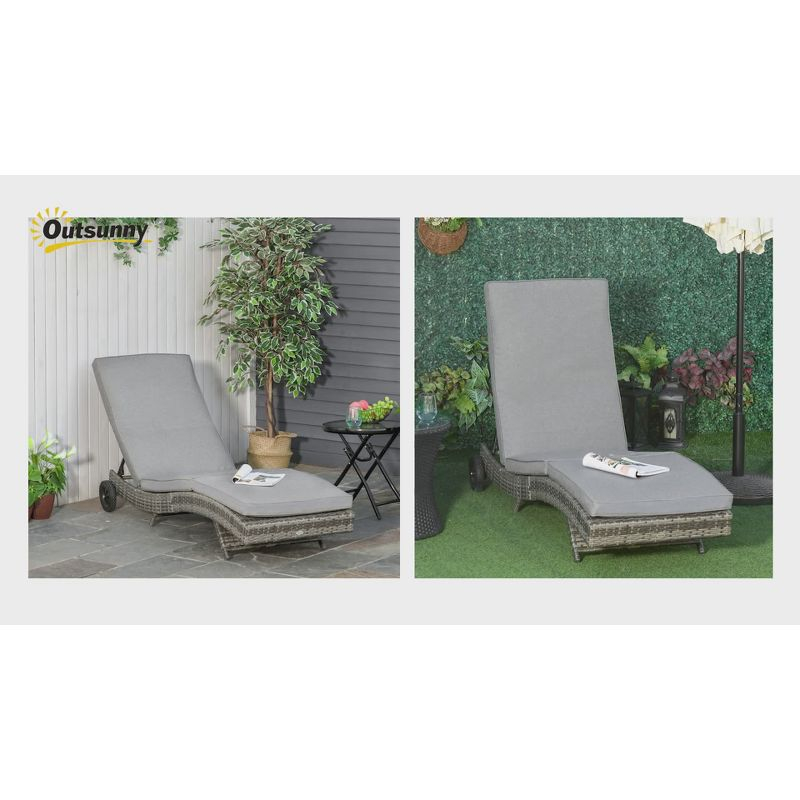 Outsunny Patio Wicker Chaise Lounge Chair, Outdoor PE Rattan Sun lounger w/ 5-Level Adjustable Backrest & 2 Wheels for Easy Movement, Sky Blue