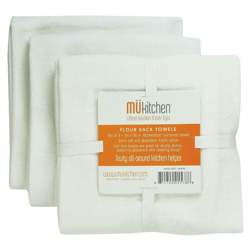 3pk Cotton Kitchen Towels White - MU Kitchen: Machine Washable, Plain Weave Dish Towels, Set of 3