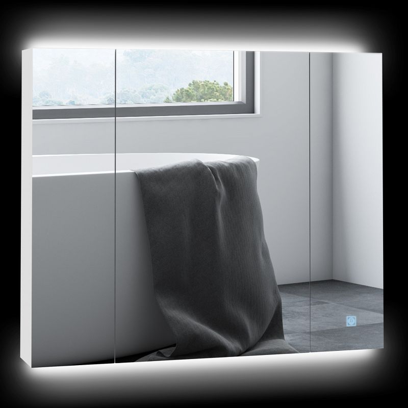 kleankin LED Medicine Cabinet, Wall-Mounted Bathroom Vanity Mirror Organizer with Dimmer Touch Switch, Three Doors, and USB Charged, White