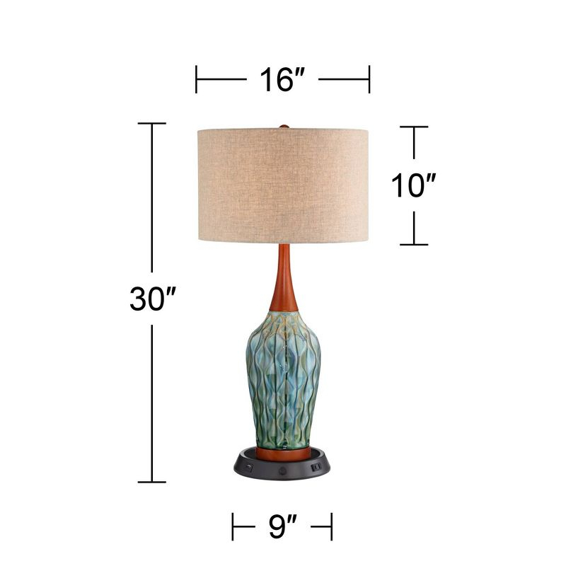 360 Lighting Rocco Modern Mid Century Table Lamp 30" Tall Blue Teal Ceramic with Dimmable USB Workstation Base Linen Drum Shade for Living Room Home