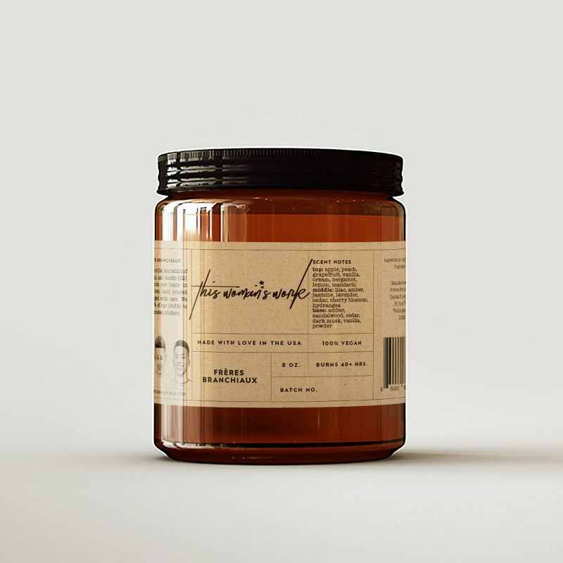 8oz This Woman's Work Candle - Freres Branchiaux: Soy Wax, Amber Glass Jar, 40hr Burn Time