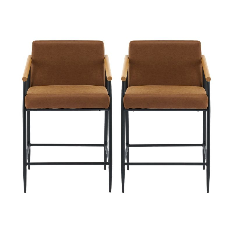 Christopher Knight Home Emil Mid Century Modern Upholstered Counter Stool with Iron Frame (Set of 2), Brown