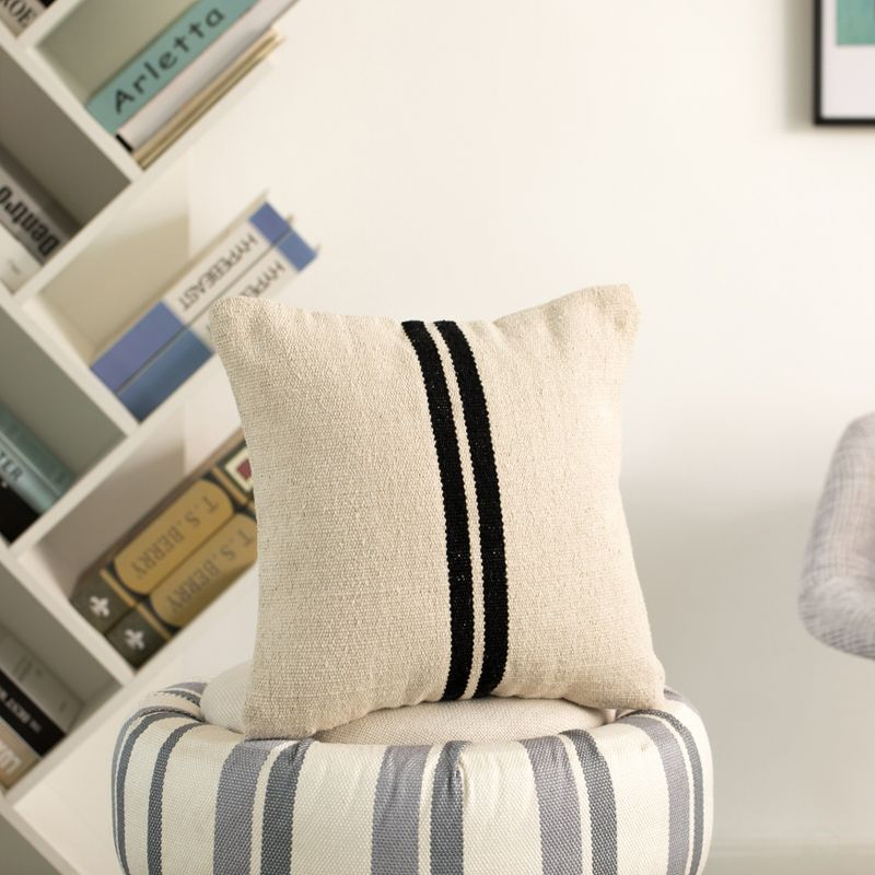 DEERLUX 16" Handwoven Cotton Throw Pillow Cover with Two Center Black Stripes with Filler, Natural