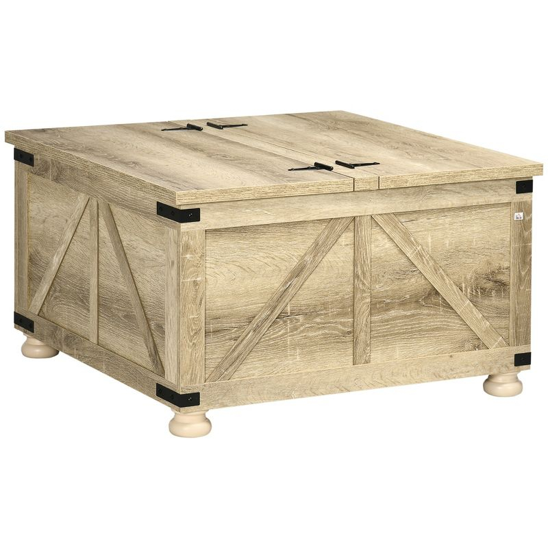HOMCOM Farmhouse Coffee Table with Storage, Large Square Coffee Table for Living Room Furniture, Wooden Center Table with Flip-Top Lid, Oak