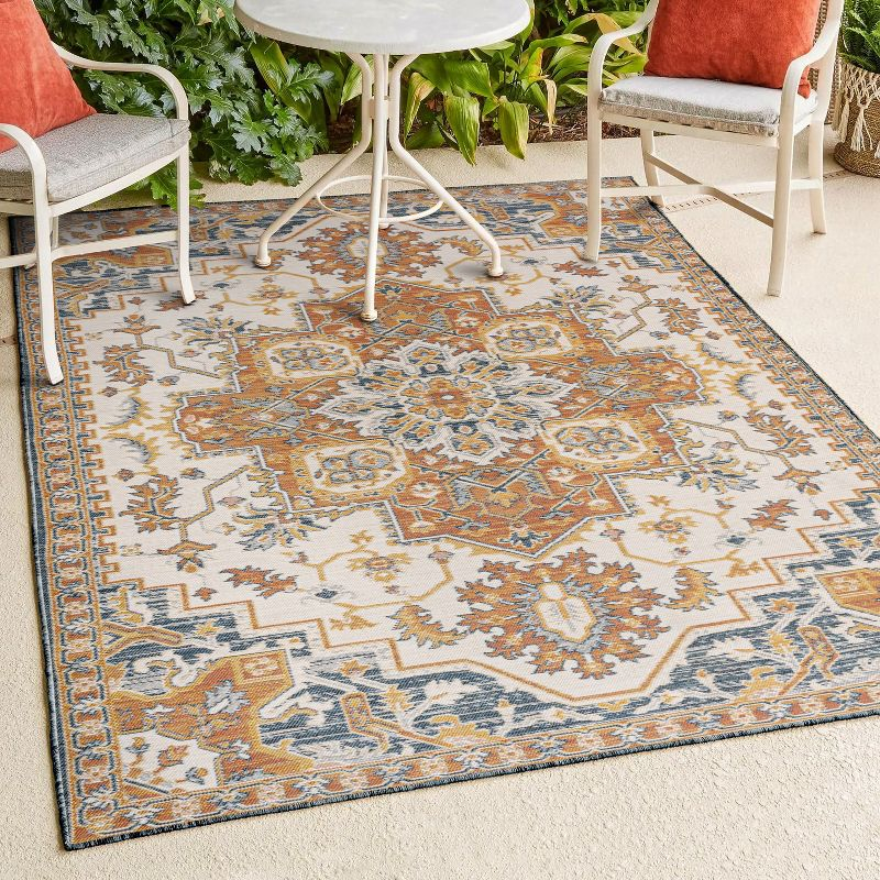 JONATHAN Y Bijan Traditional Vintage Medallion Reversible Machine-Washable Terra/Blue/Cream 3 ft. x 5 ft. Indoor/Outdoor Area Rug