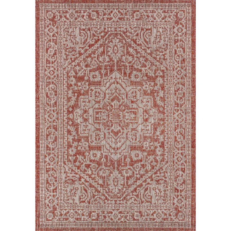 8'x10' Sinjuri Medallion Textured Weave Indoor/Outdoor Area Rug, Red/Taupe - JONATHAN Y