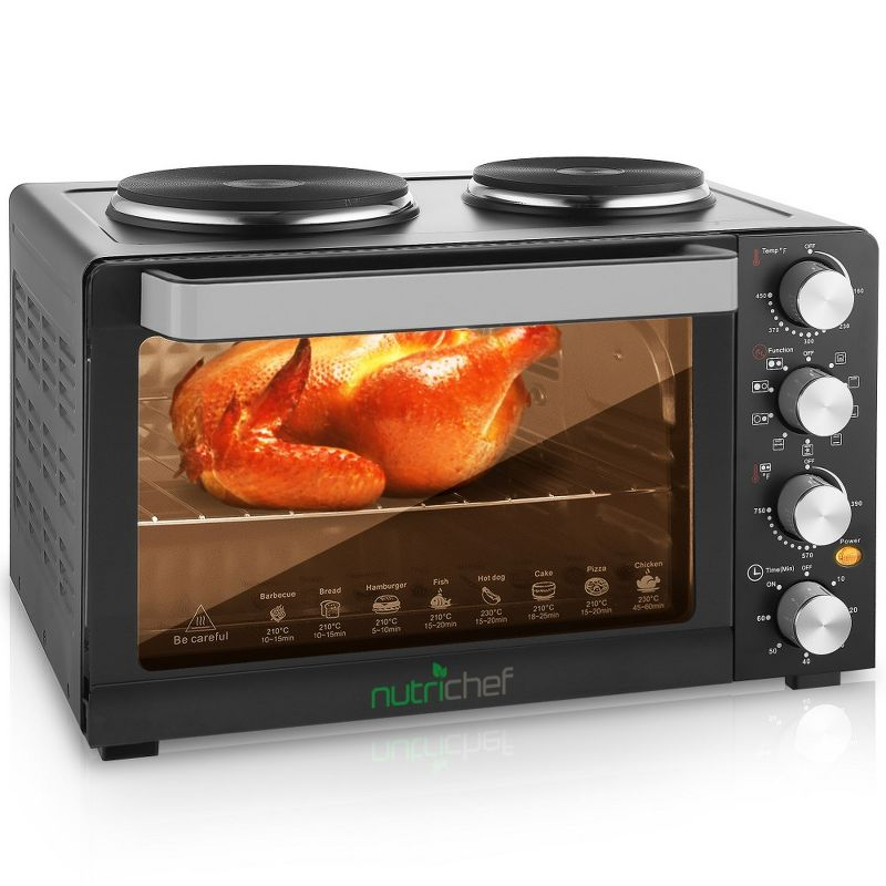 NutriChef 30+ Quart Countertop Convection Oven Cooker - 1500W Heating, Rotisserie, Dual Hot Plates, 120V - Black