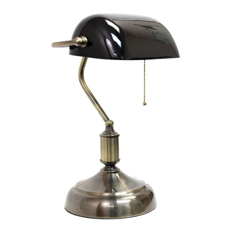 Executive Banker's Desk Lamp with Glass Shade Black - Simple Designs: ETL Listed, Metal Body, Pull Chain