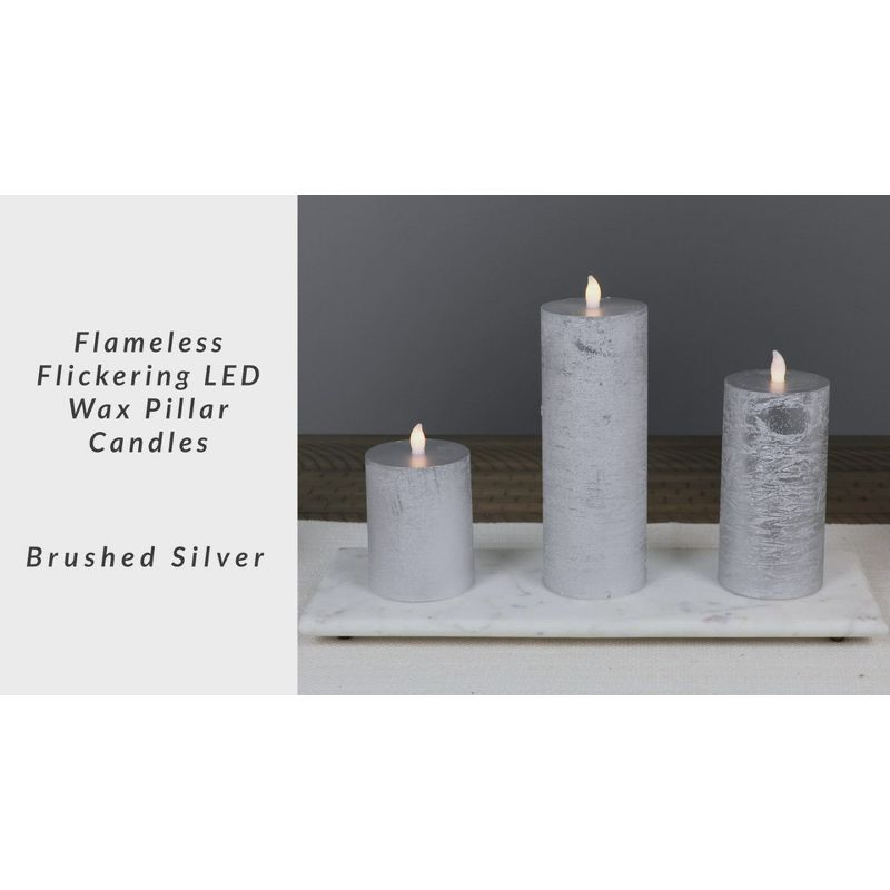 Northlight Flameless Flickering LED Wax Pillar Candles - 8" - Brushed Silver - Set of 3