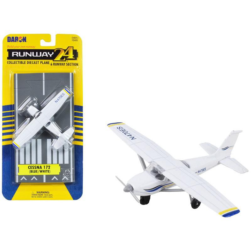 Cessna 172 Aircraft White with Blue and Yellow Stripes "N470ES" with Runway Section Diecast Model Airplane by Runway24