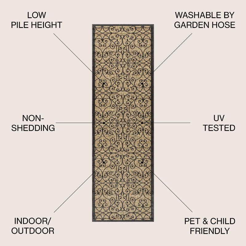 2'x8' Madrid Vintage Filigree Textured Weave Indoor/Outdoor Runner Rug, Black - JONATHAN Y