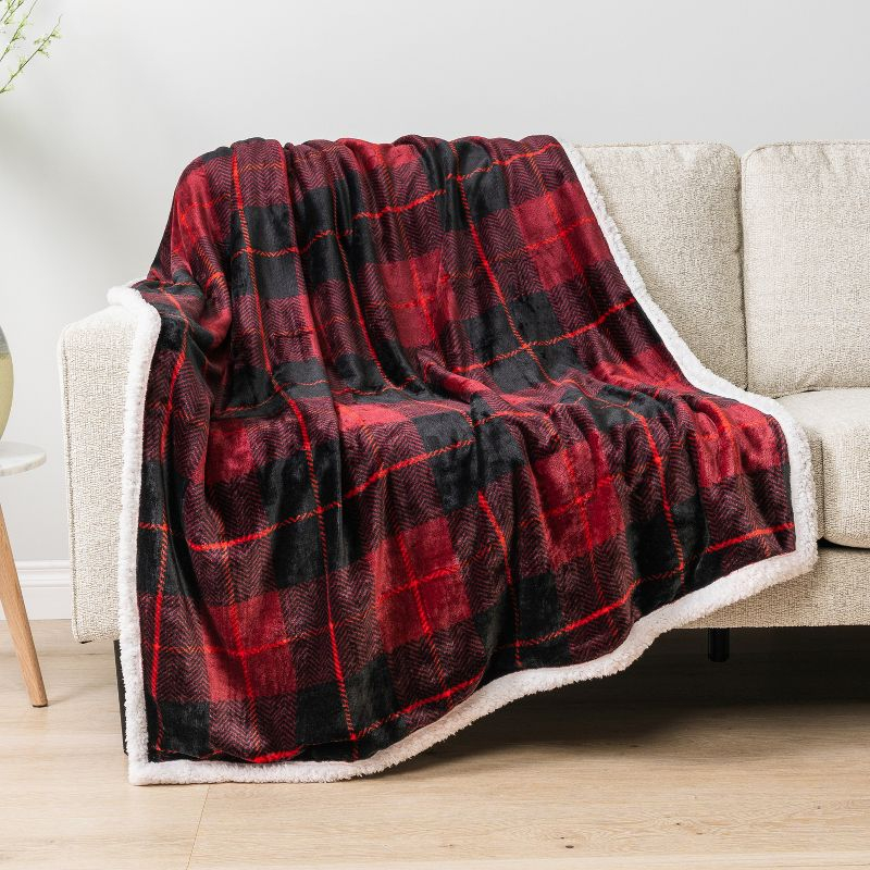 PAVILIA Fleece Plush Microfiber Throw Blanket for Couch, Sofa and Bed, Reversible, Plaid Red/Twin - 60x80