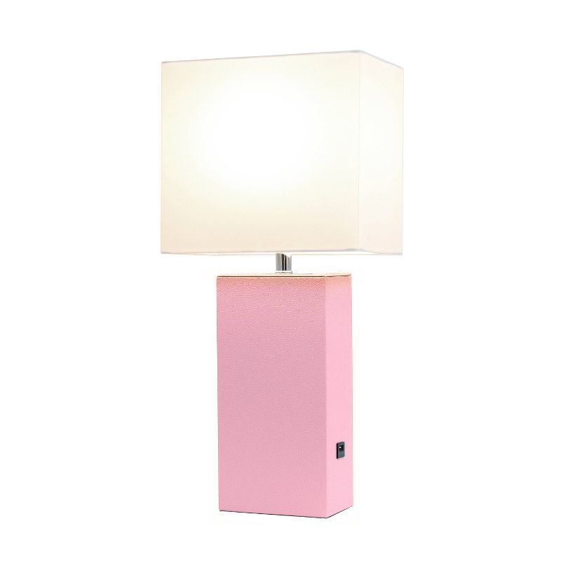 Modern Leather Table Lamp with USB, White Linen Shade, No Assembly - Elegant Designs: UL Listed, 1-Way Switch