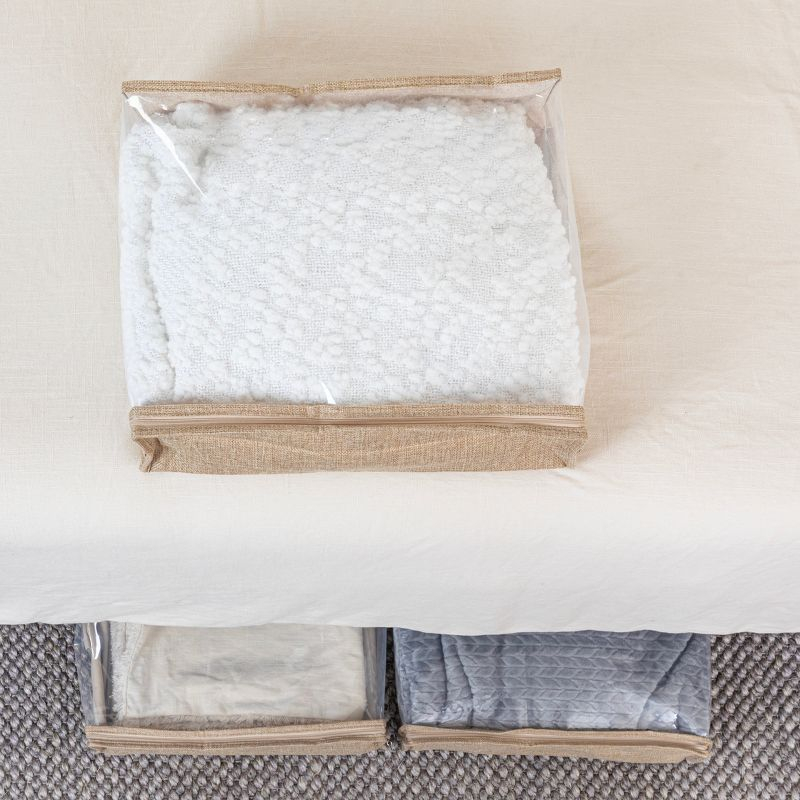 Under Bed Zippered Sweater Storage Bags with Clear Vision Panel, Set of 3, Latte Brown