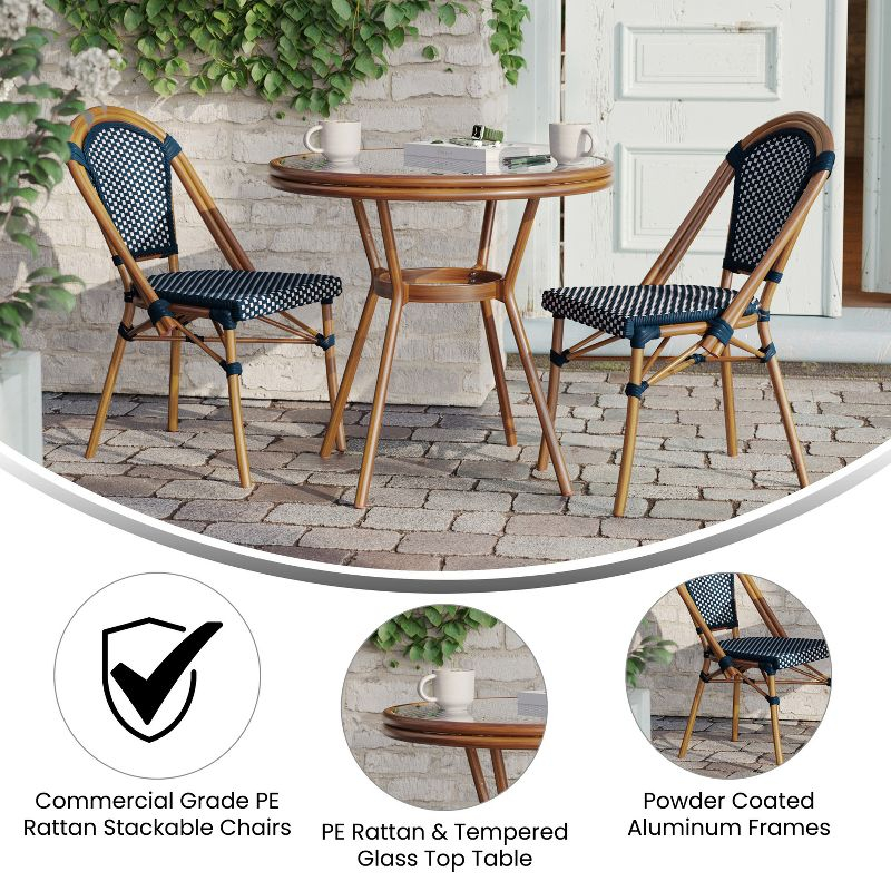 Merrick Lane Sacha Bistro Style Table with Glass Top, Navy & White PE Rattan, 2 Stack Chairs, and Bamboo Finished Metal Frame for Indoor/Outdoor Use