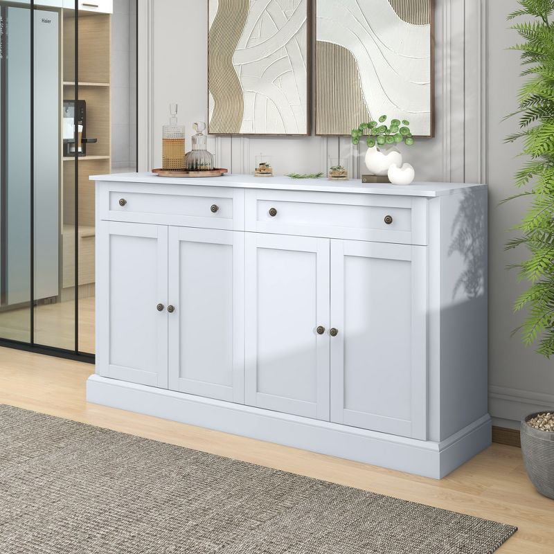 Sideboard Storage Buffet Cabinet with 2 Drawers & 4 Doors Adjustable Shelves, White-ModernLuxe