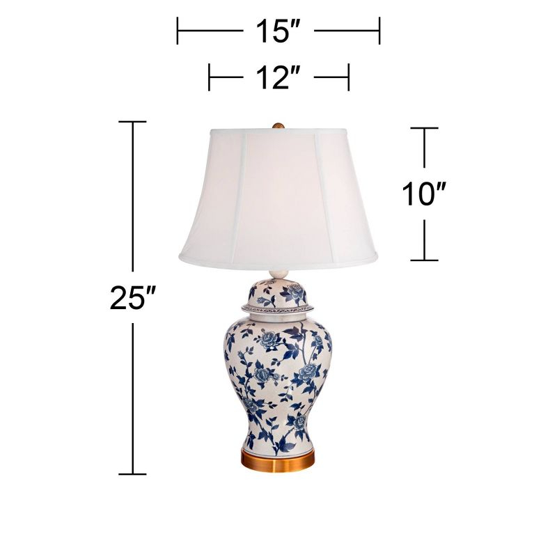 Barnes and Ivy Traditional Table Lamp 25" High Crackle Ceramic Blue and White Rose Vine Temple Jar White Bell Shade for Living Room Family