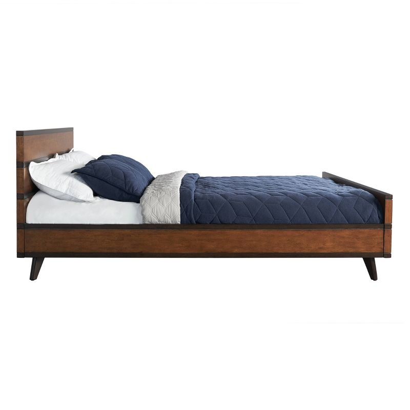 Queen Mid-Century Modern Platform Bed with Striped Detailing - Linon: Rubberwood, No Box Spring Required