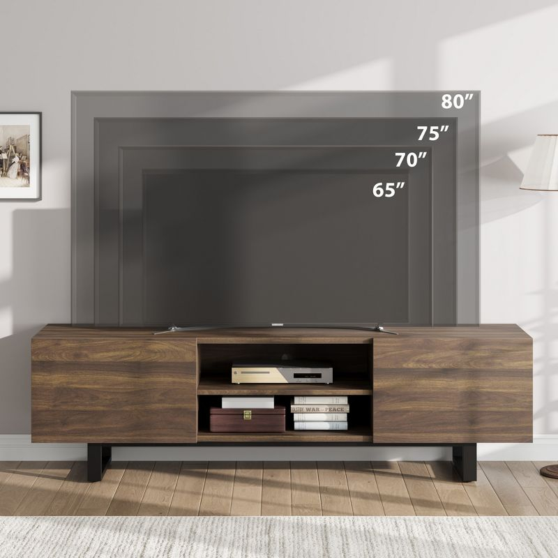 Industrial TV Stand for 80 Inch, Modern Entertainment Center with 2 Drawers, Wooden Cabinet with Heavy Duty Leg and Open Storage for Bedroom, Walnut