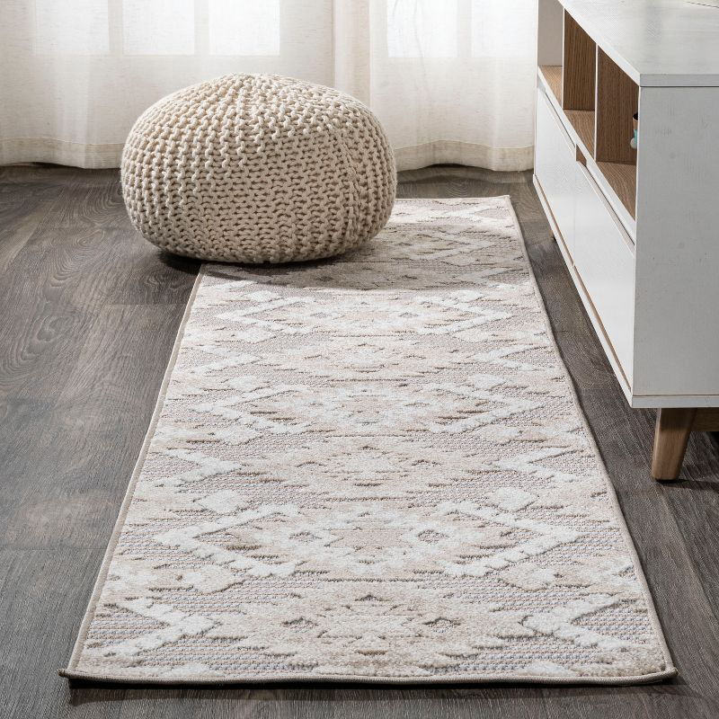 2'x8' Sumak High-Low Pile Neutral Diamond Kilim Indoor/Outdoor Runner Rug, Beige/Gray - JONATHAN Y