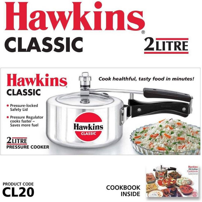 Hawkins Classic 2L Aluminum Pressure Cooker: Stovetop, Cool Touch Handle, Hand Wash, Silver, 1-Year Warranty