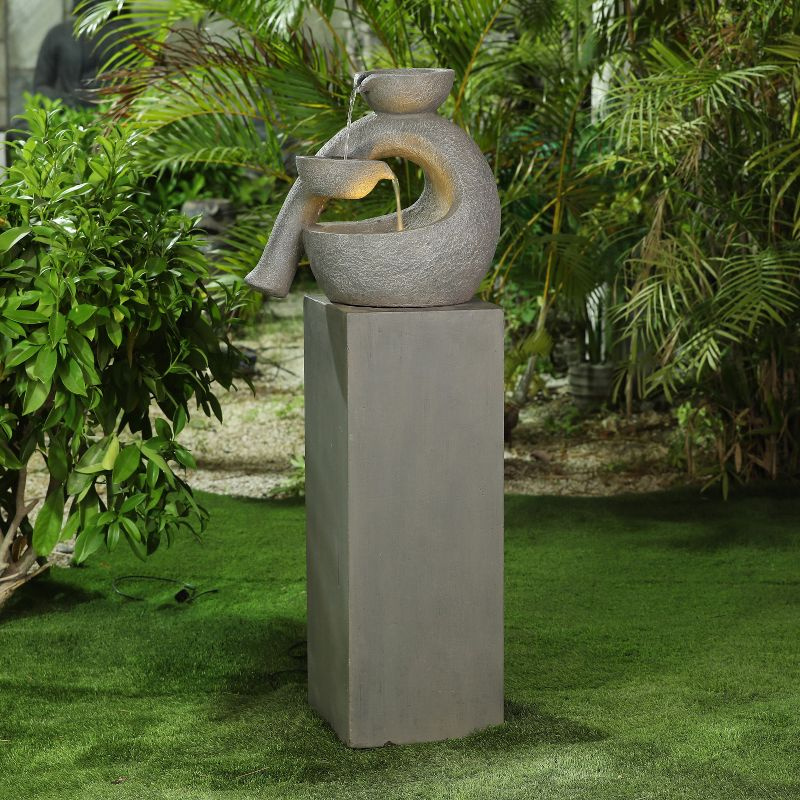 LuxenHome Gray Resin Modern Sculpture Pedestal Outdoor Fountain with Lights