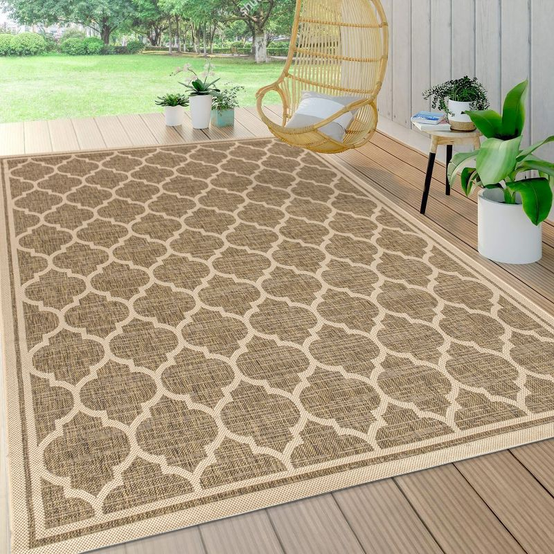 4'x6' Trebol Moroccan Trellis Textured Weave Indoor/Outdoor Area Rug, Brown/Beige - JONATHAN Y